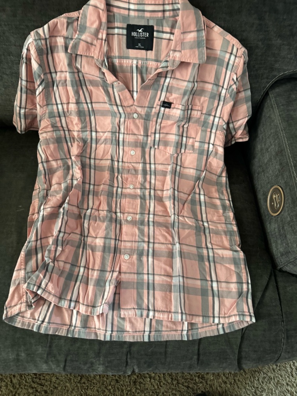 Hollister Peach and Gray Plaid Short-Sleeve Button-Up